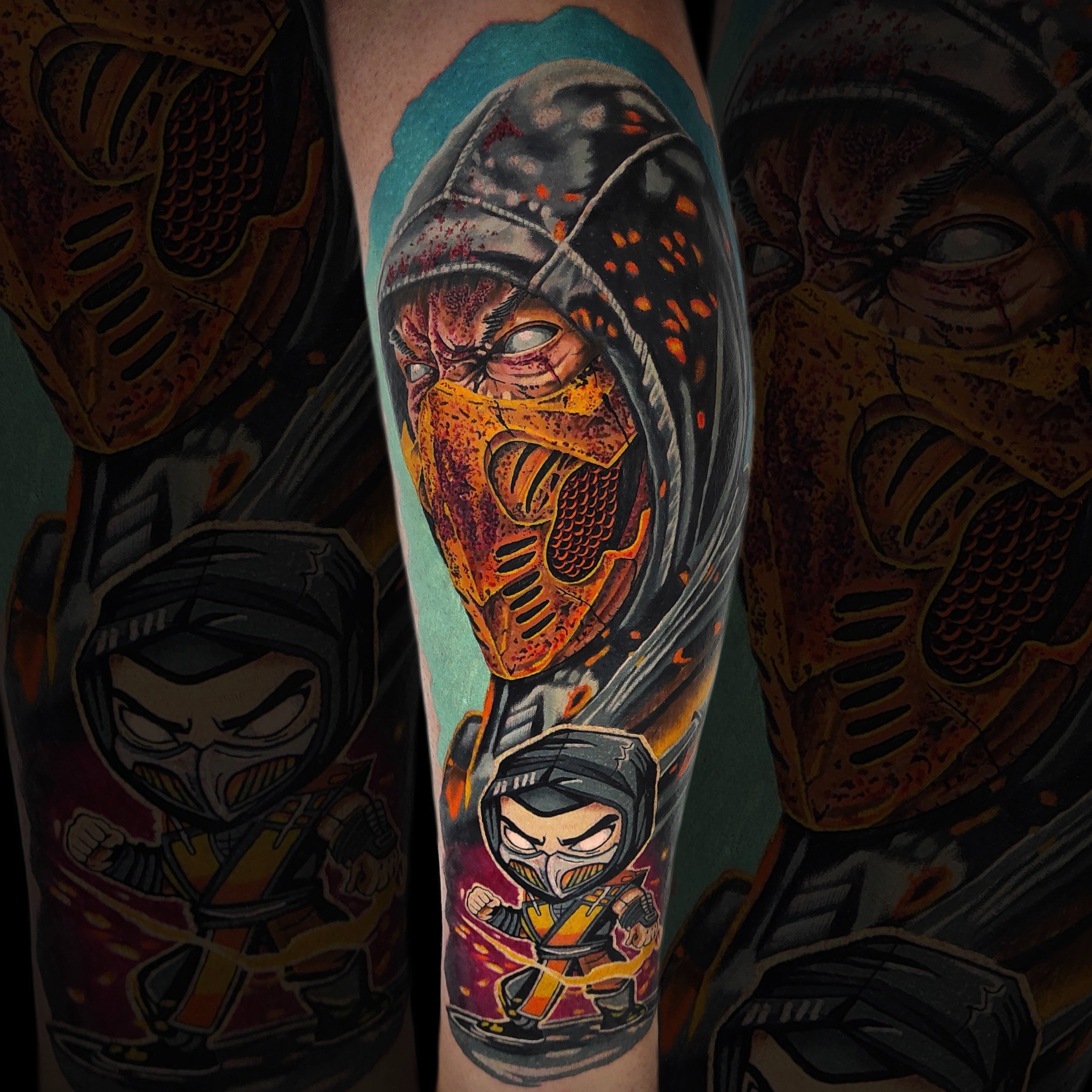 Kolorowy tatuaż Scorpion Mortal Kombat w stylu popkulturowym - DINKZ ART